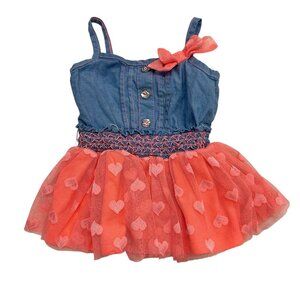 Little Lass Baby Girls’ Chambray & Pink Sheer Skirt Top | Hearts Smocked Sz 18M
